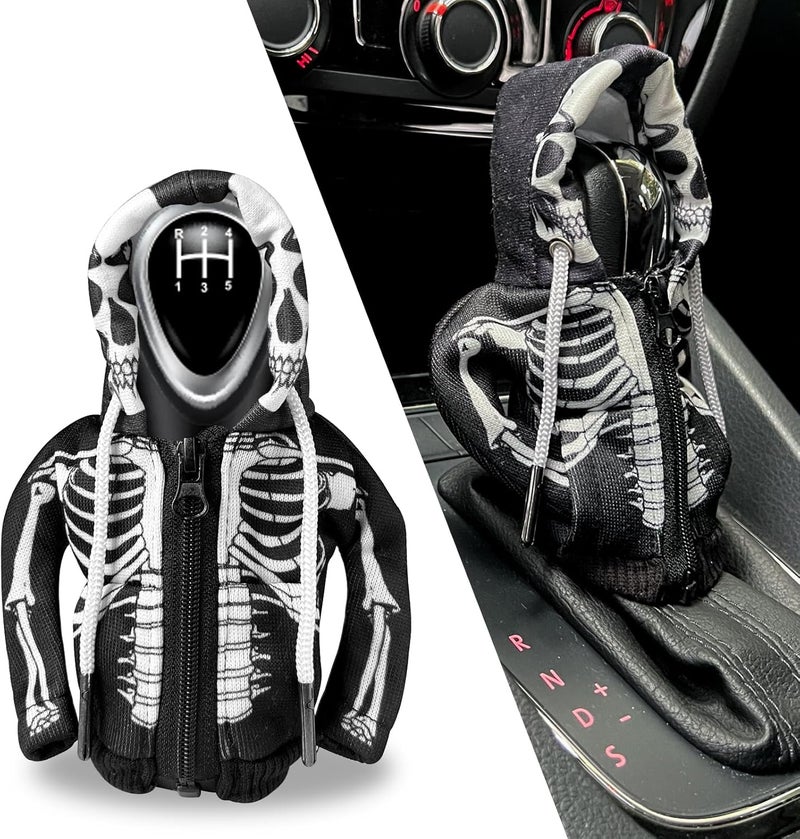 HXOUSE هودي جير شيفت على شكل ج skull - سهل التركيب والإزالة مع سحاب، قماش ناعم ومريح يناسب معظم شيفترات السيارات يعزز تجربة القيادة الخاصة بك - Image 1